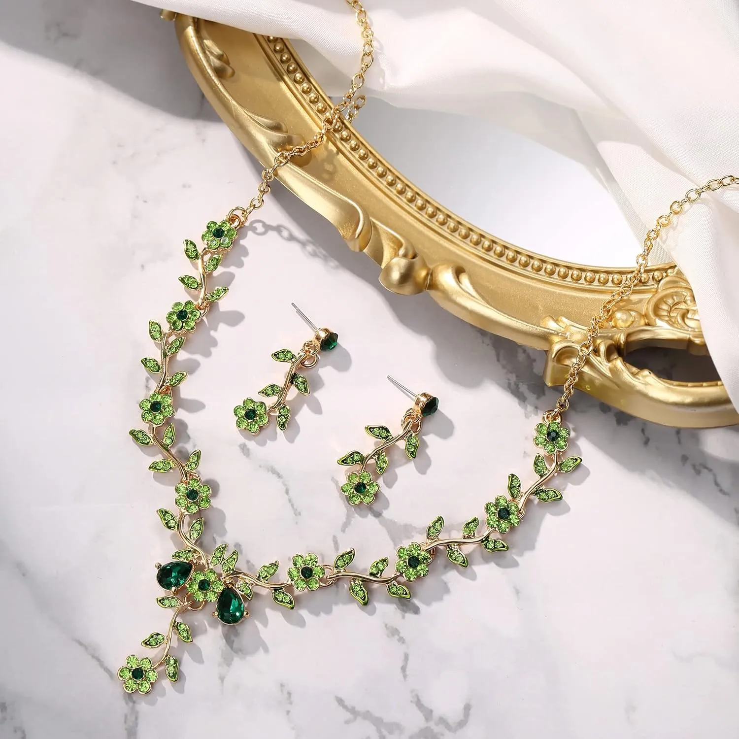 BriLove Women's Wedding Jewelry Leaf Cluster Flower Crystal Dangle Earrings Pendant Necklace Set for Bridal