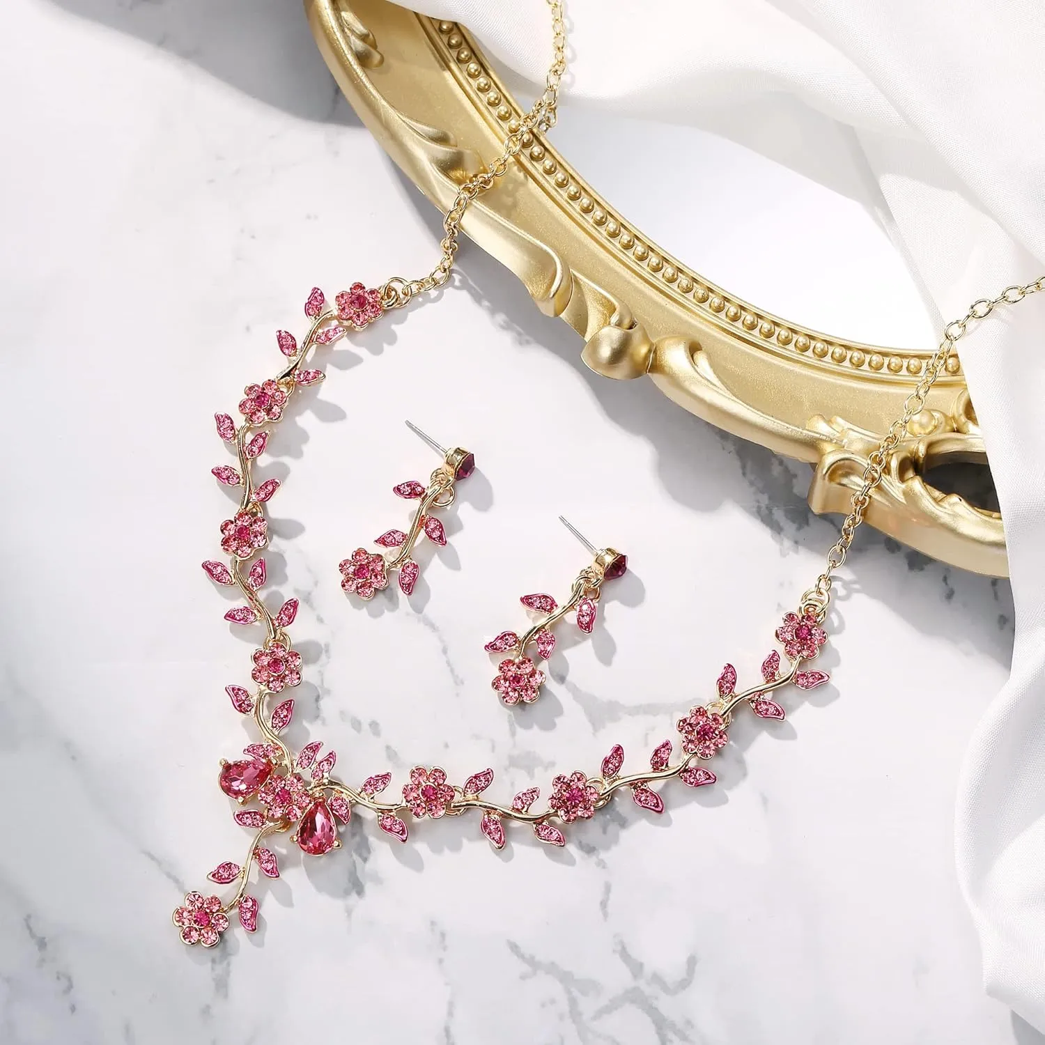 BriLove Women's Wedding Jewelry Leaf Cluster Flower Crystal Dangle Earrings Pendant Necklace Set for Bridal
