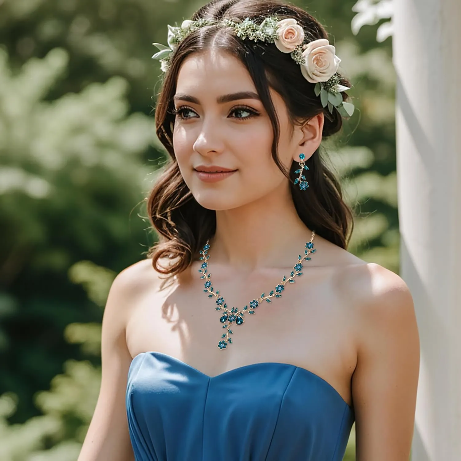BriLove Women's Wedding Jewelry Leaf Cluster Flower Crystal Dangle Earrings Pendant Necklace Set for Bridal