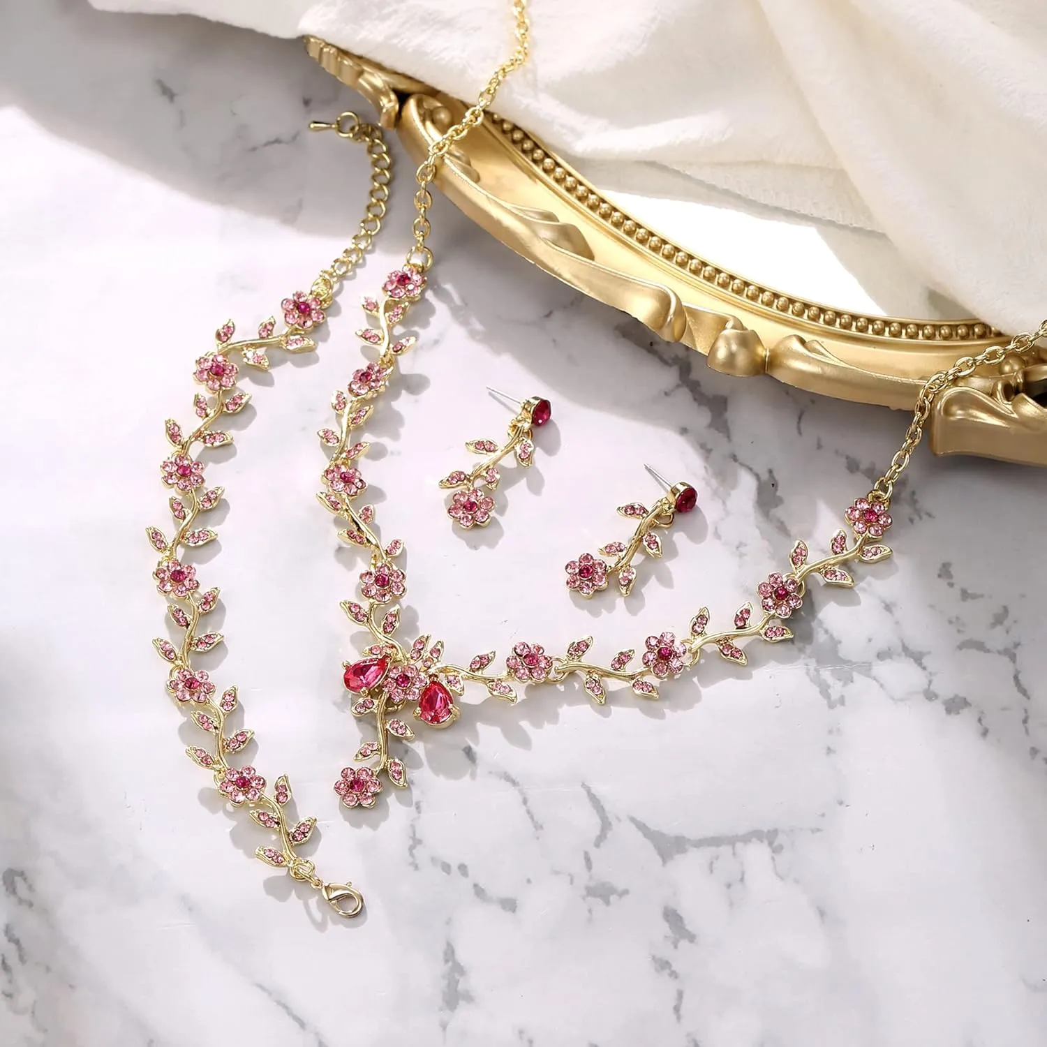 BriLove Women's Wedding Jewelry Leaf Cluster Flower Crystal Dangle Earrings Pendant Necklace Set for Bridal