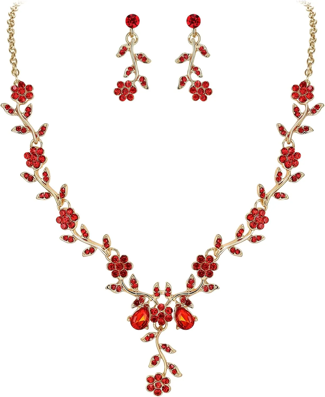 BriLove Women's Wedding Jewelry Leaf Cluster Flower Crystal Dangle Earrings Pendant Necklace Set for Bridal