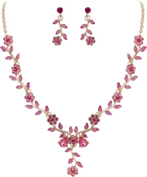 BriLove Women's Wedding Jewelry Leaf Cluster Flower Crystal Dangle Earrings Pendant Necklace Set for Bridal