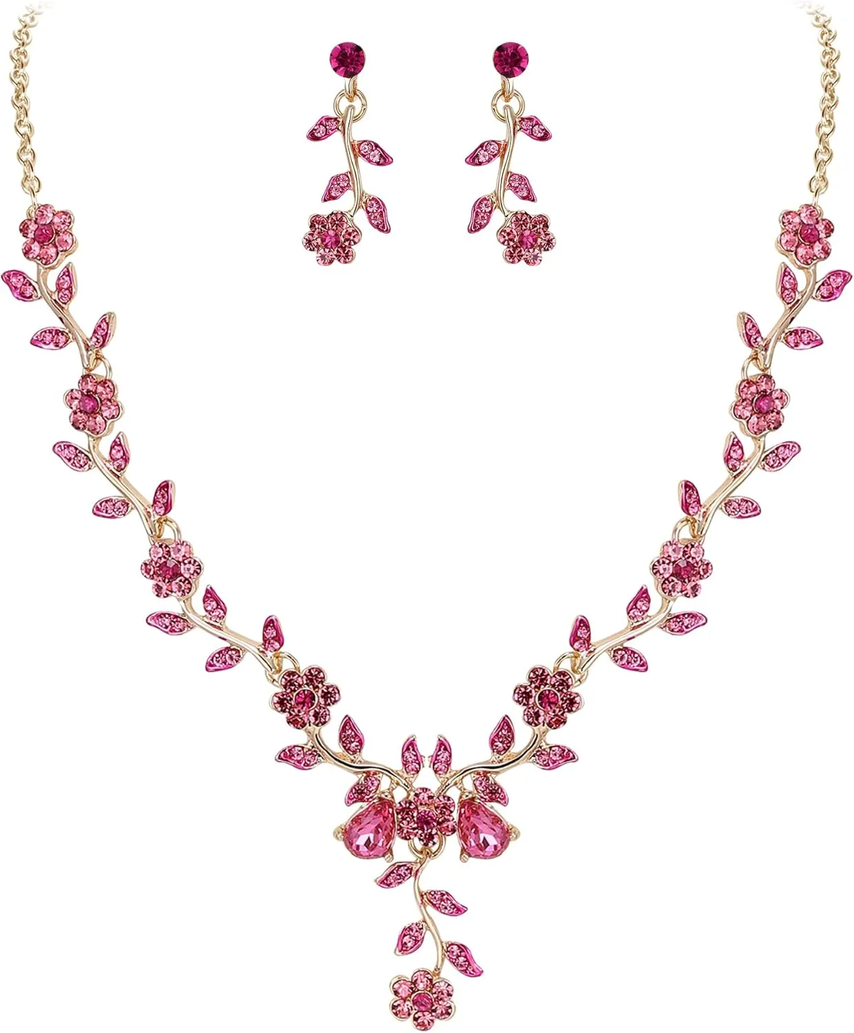 BriLove Women's Wedding Jewelry Leaf Cluster Flower Crystal Dangle Earrings Pendant Necklace Set for Bridal