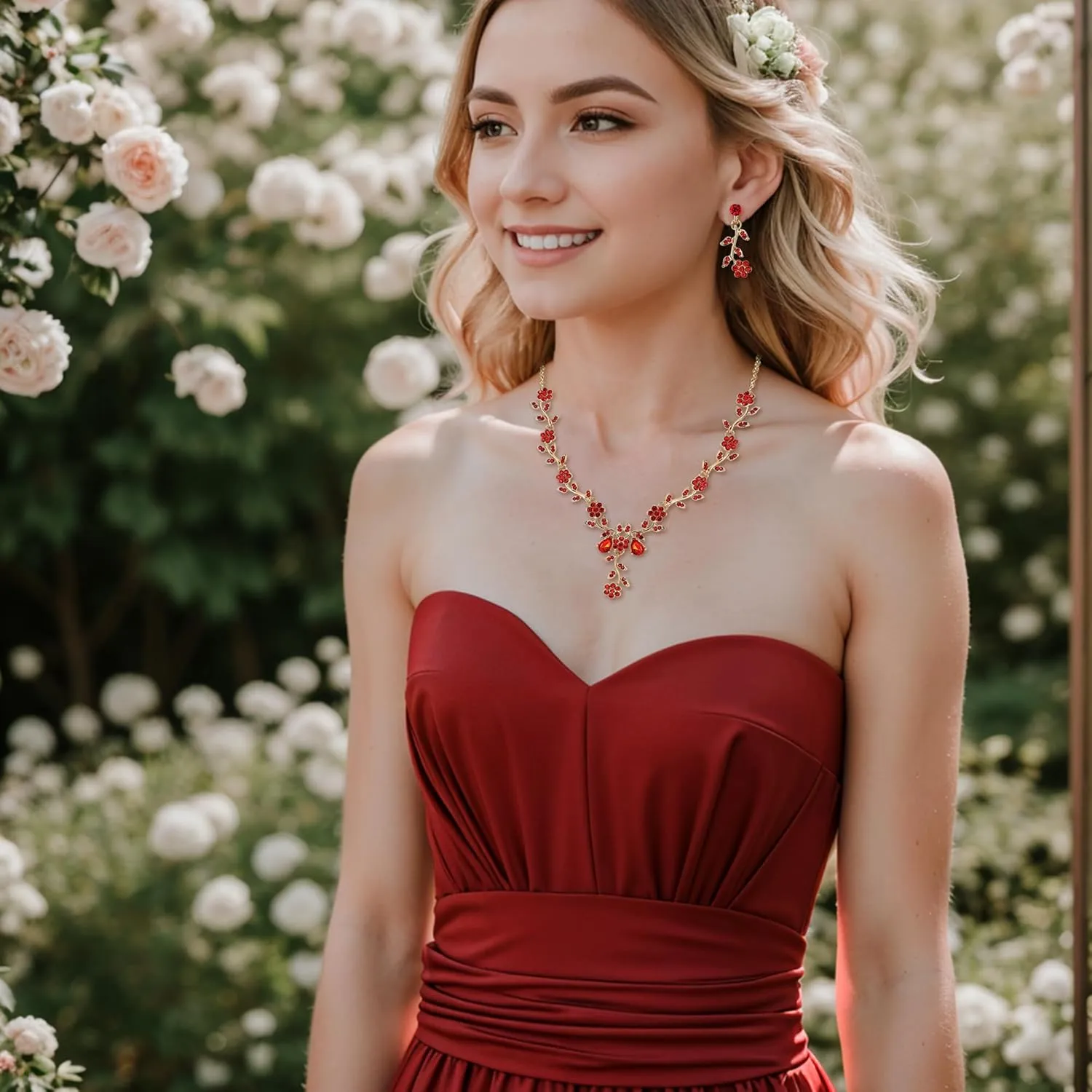 BriLove Women's Wedding Jewelry Leaf Cluster Flower Crystal Dangle Earrings Pendant Necklace Set for Bridal