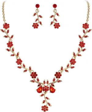 BriLove Women's Wedding Jewelry Leaf Cluster Flower Crystal Dangle Earrings Pendant Necklace Set for Bridal