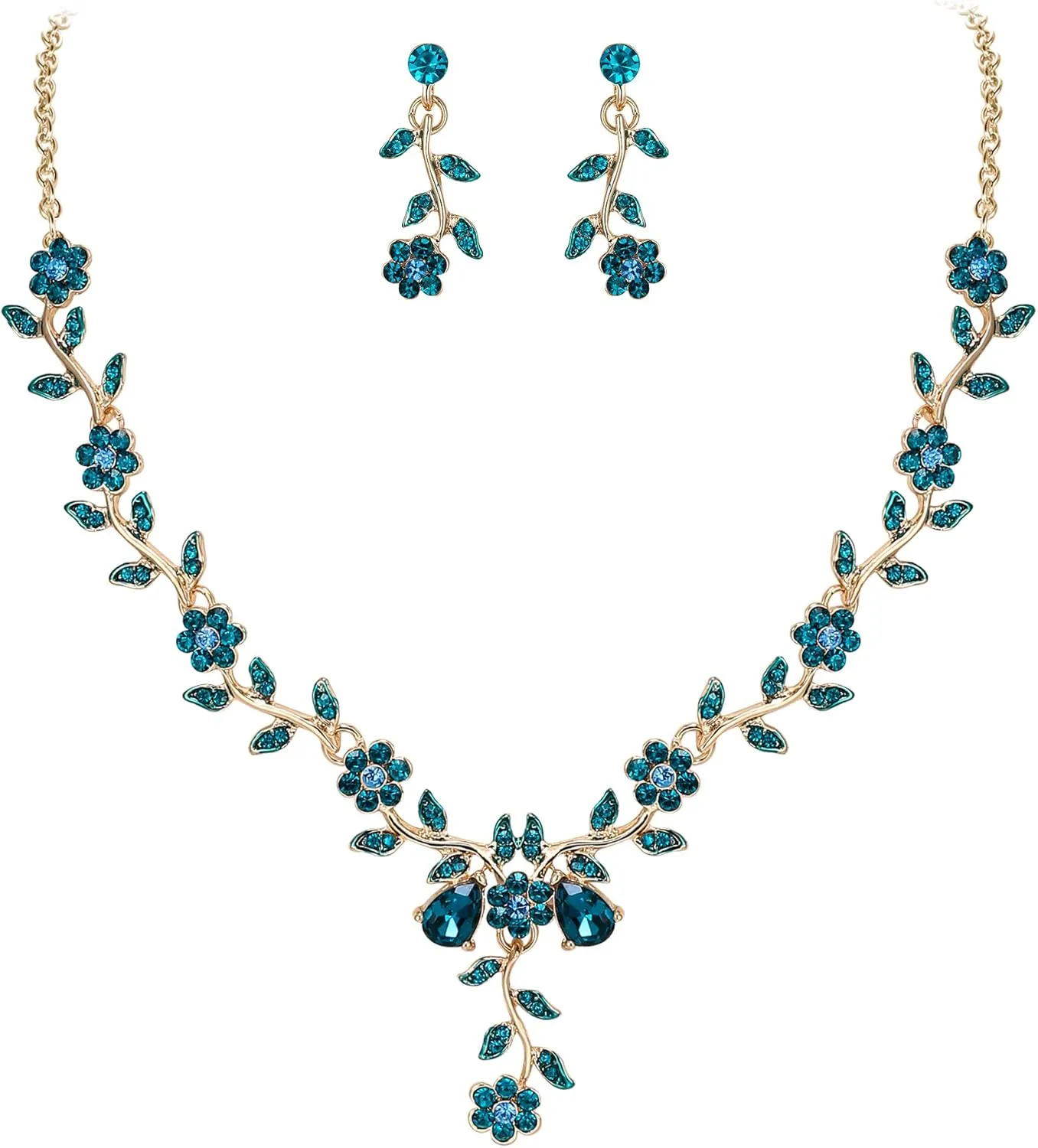 BriLove Women's Wedding Jewelry Leaf Cluster Flower Crystal Dangle Earrings Pendant Necklace Set for Bridal