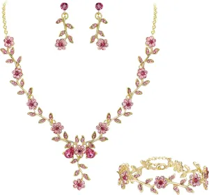 BriLove Women's Wedding Jewelry Leaf Cluster Flower Crystal Dangle Earrings Pendant Necklace Set for Bridal