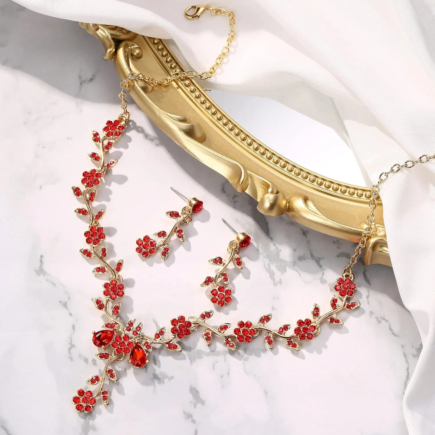 BriLove Women's Wedding Jewelry Leaf Cluster Flower Crystal Dangle Earrings Pendant Necklace Set for Bridal