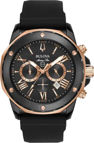 Bulova Men's Marine Star Series A Black and Gold Ion-Plated Stainless Steel 6-Hand Chronograph Quartz Watch, Black Silicone Strap Style: 98B307