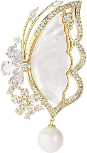 Butterfly Brooch Pins for Women Fashion Broach Mother-of-Pearl Butterfly Wing Brooches with Imitation Pearl