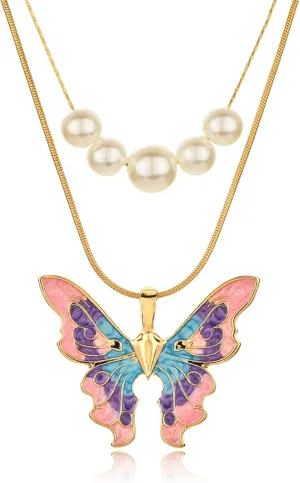 Butterfly Necklaces for Women And Girls, Fairy Butterfly Necklace And Pearl Choker Necklace Set Gifts for Daughter Sister Niece, Colourful Butterfly Pendent Necklace Gifts for Her