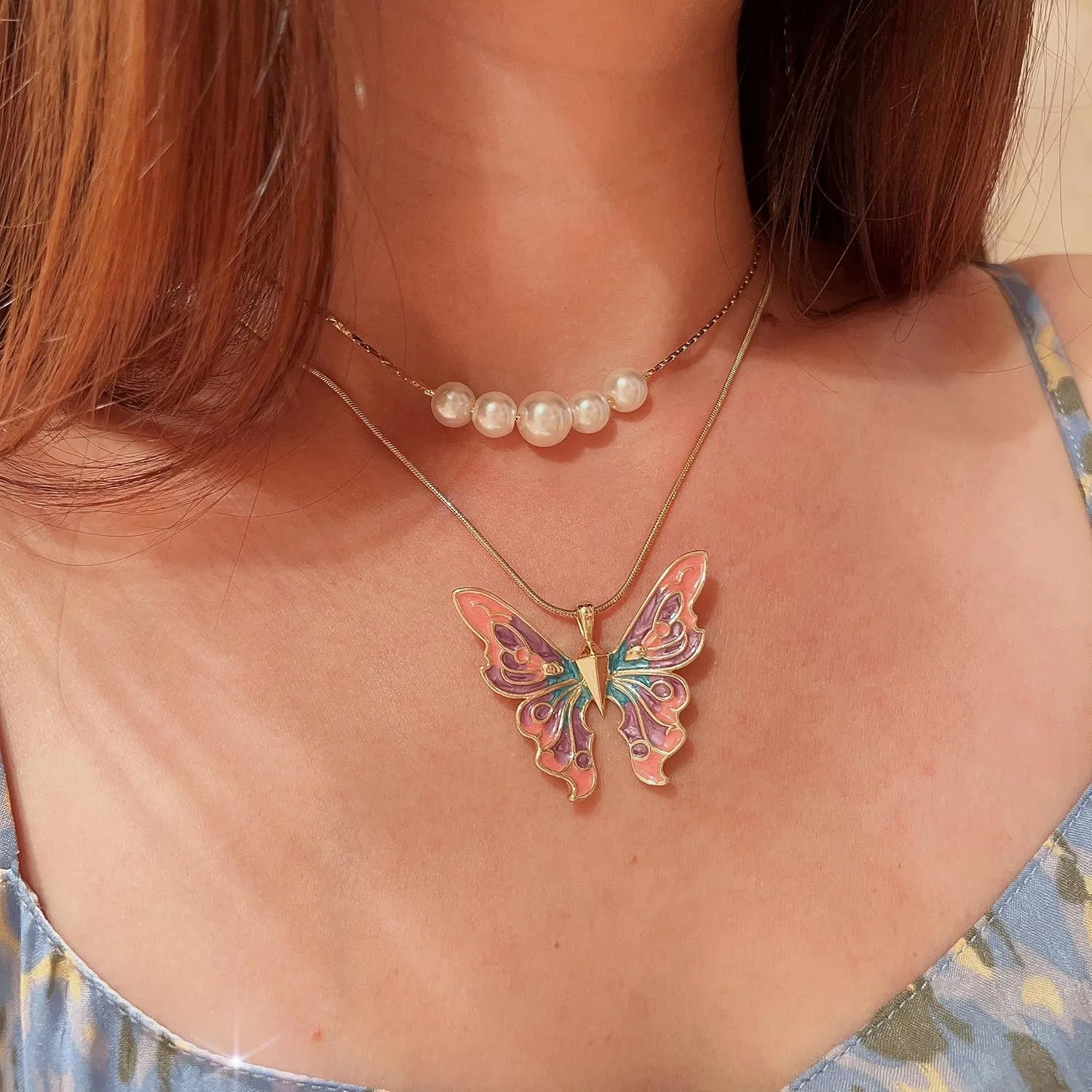 Butterfly Necklaces for Women And Girls, Fairy Butterfly Necklace And Pearl Choker Necklace Set Gifts for Daughter Sister Niece, Colourful Butterfly Pendent Necklace Gifts for Her