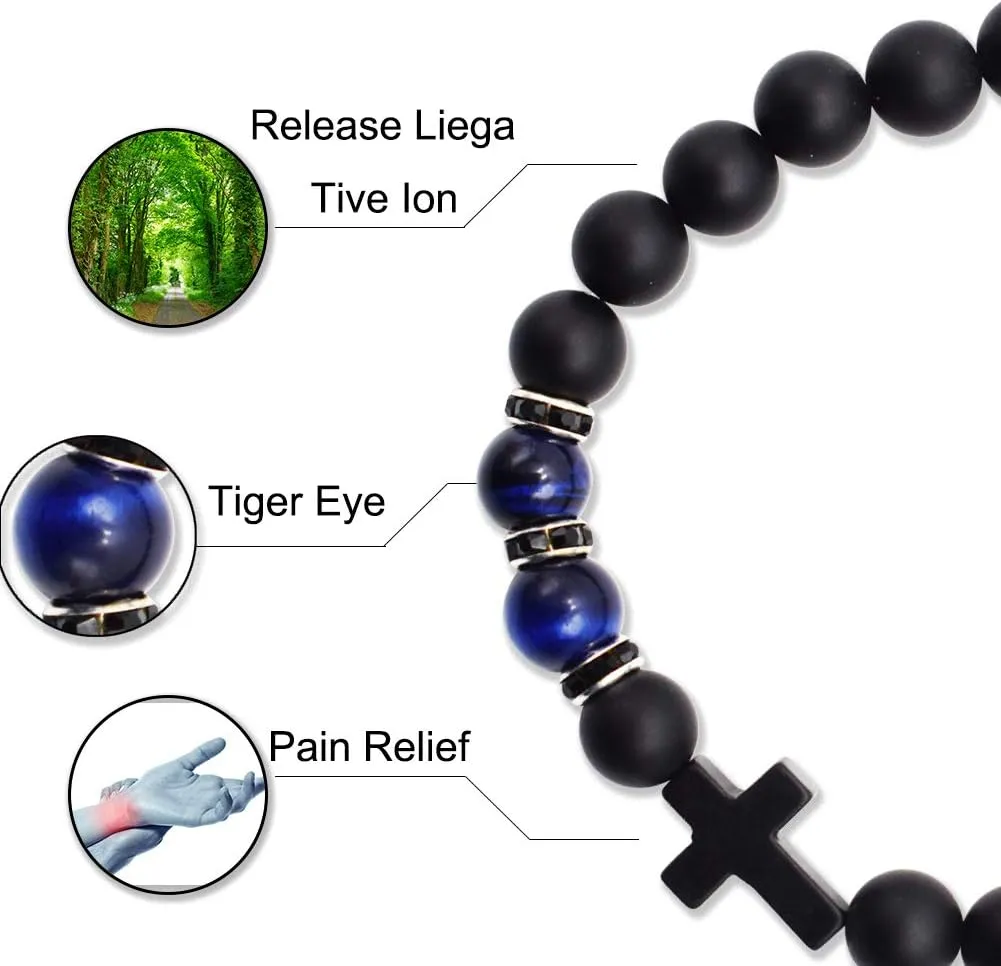 Byson Fashion Religion Cross Men Women 8mm Natural Stone Tiger Eye & Black Matte Agate Beads Bracelet Elastic Bracelet Bangle