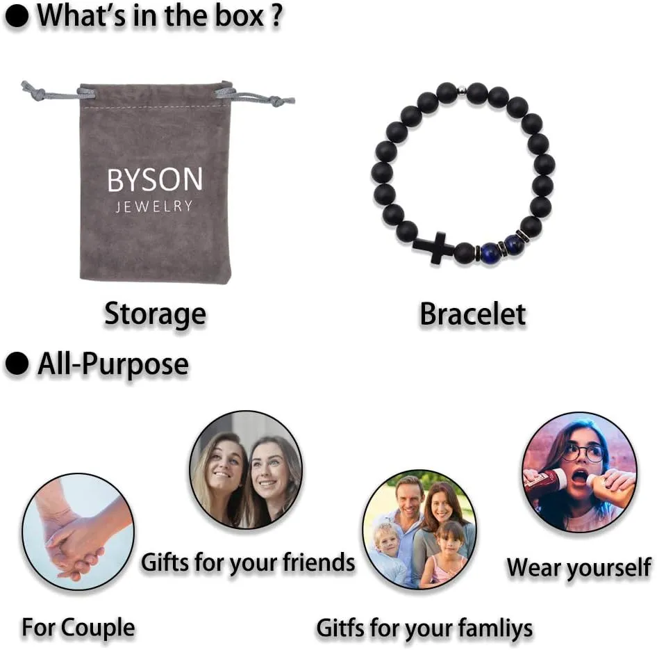 Byson Fashion Religion Cross Men Women 8mm Natural Stone Tiger Eye & Black Matte Agate Beads Bracelet Elastic Bracelet Bangle