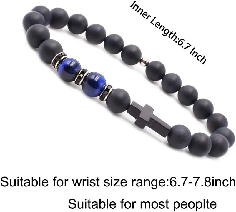 Byson Fashion Religion Cross Men Women 8mm Natural Stone Tiger Eye & Black Matte Agate Beads Bracelet Elastic Bracelet Bangle