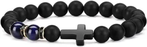 Byson Fashion Religion Cross Men Women 8mm Natural Stone Tiger Eye & Black Matte Agate Beads Bracelet Elastic Bracelet Bangle
