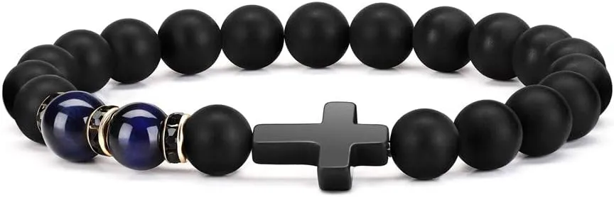 Byson Fashion Religion Cross Men Women 8mm Natural Stone Tiger Eye & Black Matte Agate Beads Bracelet Elastic Bracelet Bangle