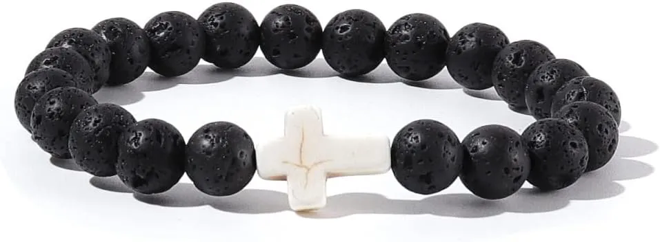 Caiyao 8MM Ornament Lava Volcanic Stone Beads Turquoise Cross Elastic Stretch Bracelet Religion Bangle for Women Men