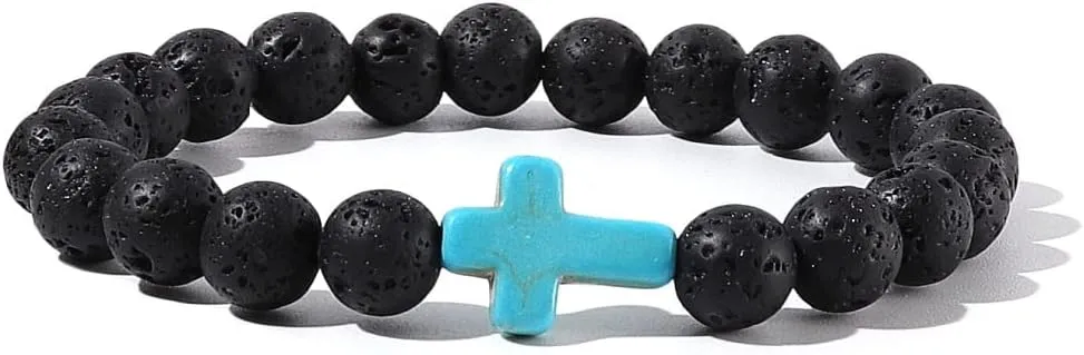 Caiyao 8MM Ornament Lava Volcanic Stone Beads Turquoise Cross Elastic Stretch Bracelet Religion Bangle for Women Men