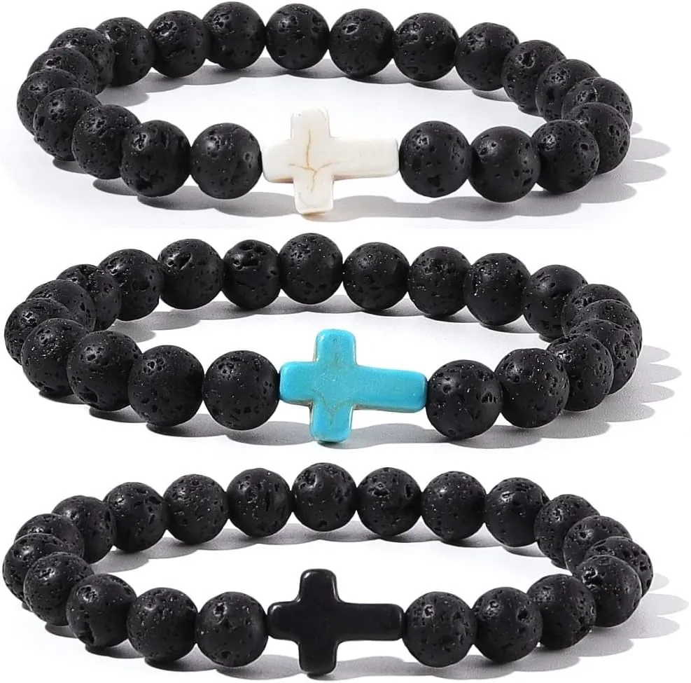 Caiyao 8MM Ornament Lava Volcanic Stone Beads Turquoise Cross Elastic Stretch Bracelet Religion Bangle for Women Men