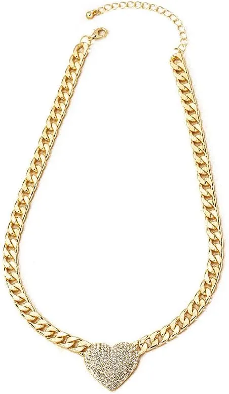 Caiyao Chunky Cuban Link CZ Heart Pendant Statement Necklace for Women Silver Heart Choker Gold Heart Necklace Flat Figaro Chain Rhinestone Heart Necklace Christmas Birthday Jewelry Gift