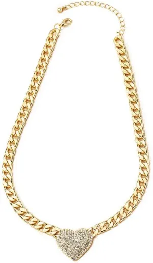 Caiyao Chunky Cuban Link CZ Heart Pendant Statement Necklace for Women Silver Heart Choker Gold Heart Necklace Flat Figaro Chain Rhinestone Heart Necklace Christmas Birthday Jewelry Gift