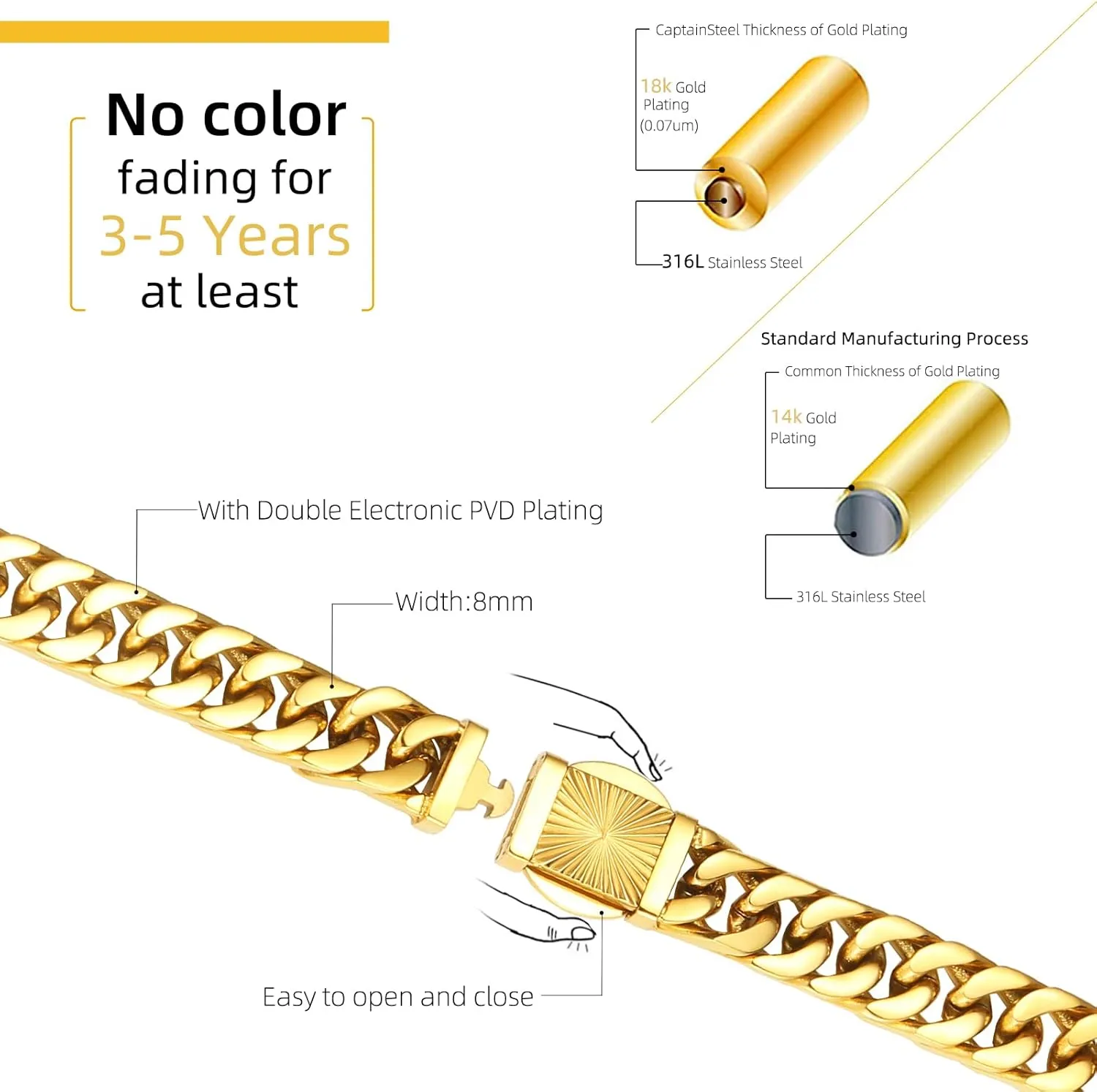 CaptainSteeL Cuban Link Chain for Men- 316L Stainless Steel 8MM Width Fashion Pattern Snap Button Hip Hop Jewelry,Chain for men 18K Gold Plated/Silver with Gift Box