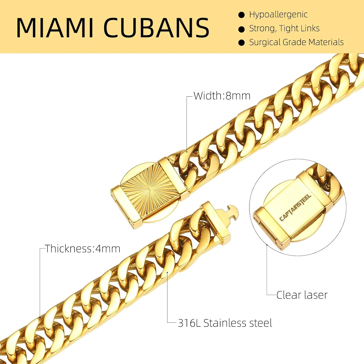 CaptainSteeL Cuban Link Chain for Men- 316L Stainless Steel 8MM Width Fashion Pattern Snap Button Hip Hop Jewelry,Chain for men 18K Gold Plated/Silver with Gift Box