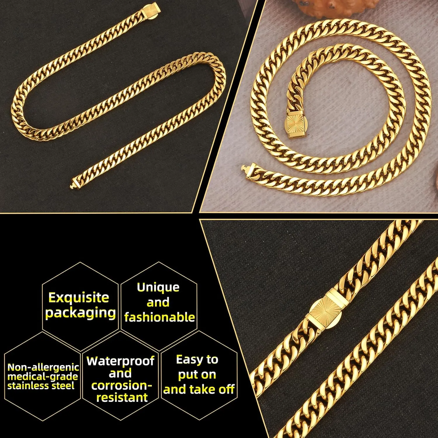 CaptainSteeL Cuban Link Chain for Men- 316L Stainless Steel 8MM Width Fashion Pattern Snap Button Hip Hop Jewelry,Chain for men 18K Gold Plated/Silver with Gift Box