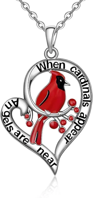 Cardinal Necklace Heart Red Bird Spiritual Memorial Engraved When Cardinal Appear Angels are Near Dainty Inspirational 925 Sterling Silver Animal Necklaces for Loss of Loved Heart