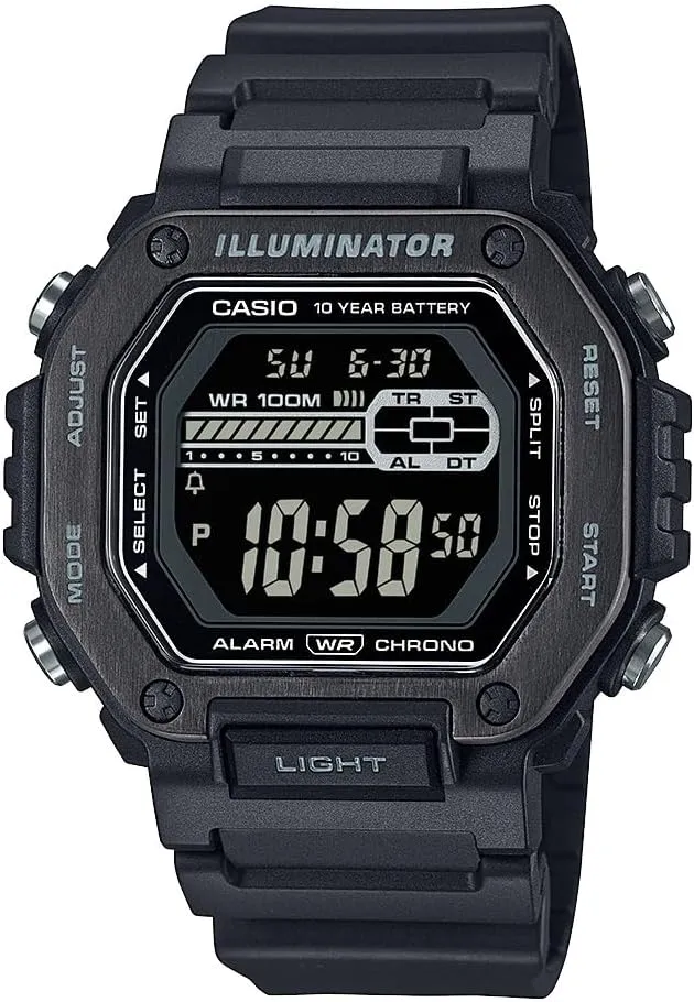 Casio MWD-110HB-1BVCF | Mens Digital Watch | Black | 100M WR | Resin Band | Stainless Steel Bezel | Dual Time | Countdown Timer | LED Backlight | Auto Calendar | Multi Alarms | 10 Year Battery