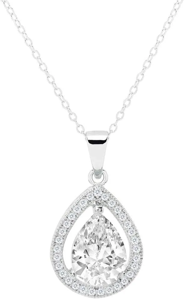Cate & Chloe Isabel 18k White Gold Plated Pendant Necklace | Silver Halo CZ Necklace for Women | Teardrop Pendant with Cubic Zirconia Crystals, Fashion Jewelry for Women, Gift For Her