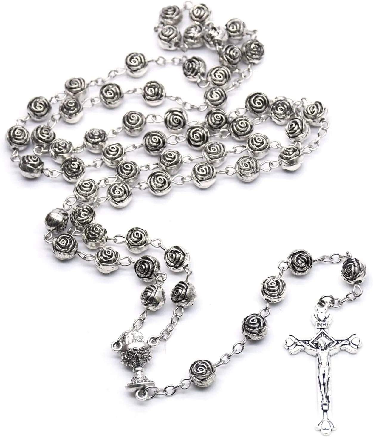 Catholic Rose Flowers Beads Rosary Necklace For Women Cross Pendant Long Chains Prayer Fashion Religious Jewelry Gift Rosary Necklace