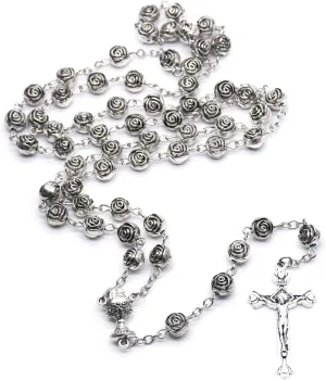 Catholic Rose Flowers Beads Rosary Necklace For Women Cross Pendant Long Chains Prayer Fashion Religious Jewelry Gift Rosary Necklace