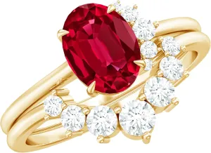 Certified Lab Grown Ruby Bridal Ring Set, Aaaa Quality, 6X8 mm Ruby Engagement Ring with Diamond Enhancer - Ideal For Gift