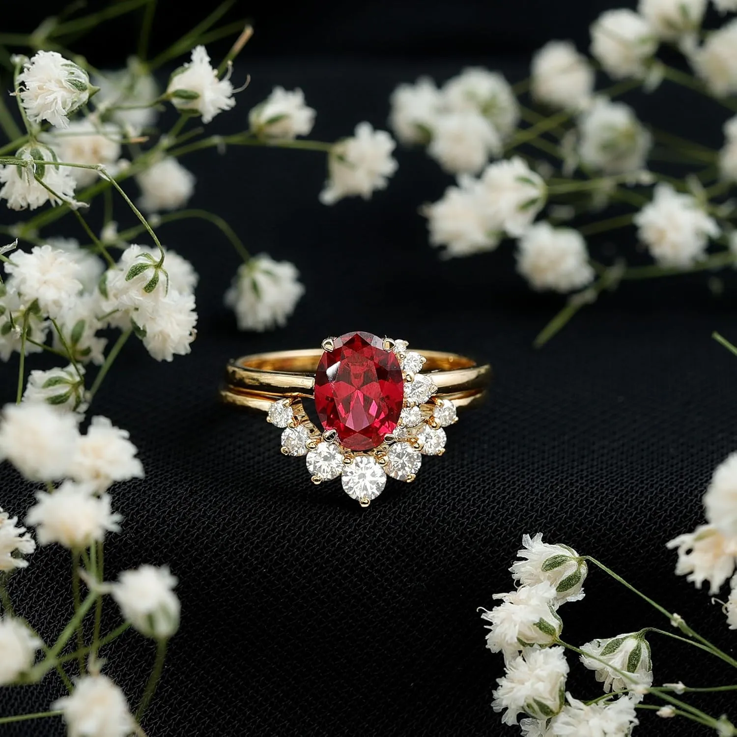Certified Lab Grown Ruby Bridal Ring Set, Aaaa Quality, 6X8 mm Ruby Engagement Ring with Diamond Enhancer - Ideal For Gift
