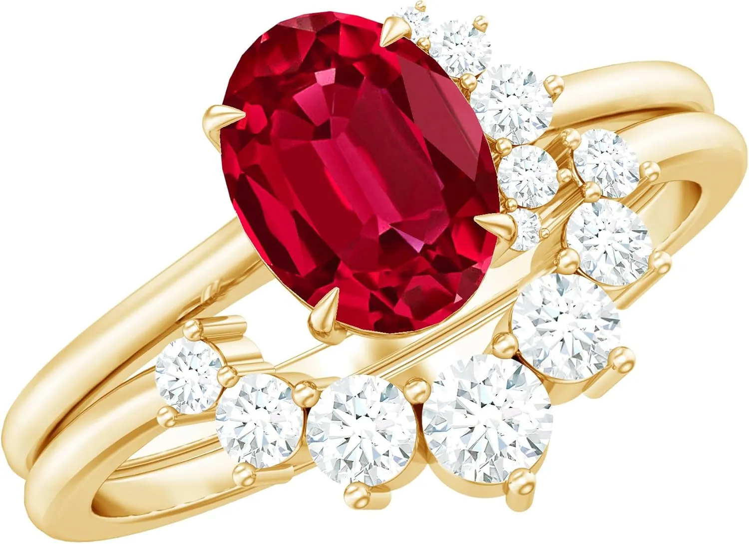 Certified Lab Grown Ruby Bridal Ring Set, Aaaa Quality, 6X8 mm Ruby Engagement Ring with Diamond Enhancer - Ideal For Gift