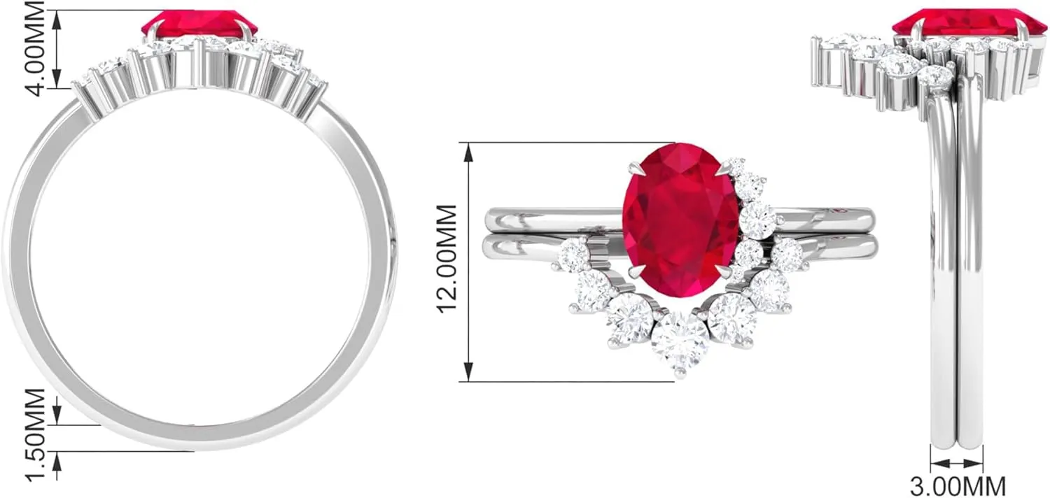 Certified Lab Grown Ruby Bridal Ring Set, Aaaa Quality, 6X8 mm Ruby Engagement Ring with Diamond Enhancer - Ideal For Gift