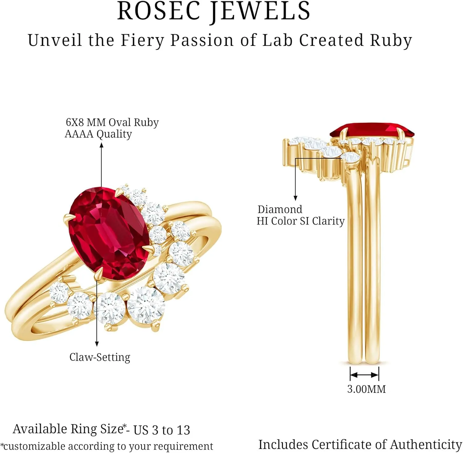 Certified Lab Grown Ruby Bridal Ring Set, Aaaa Quality, 6X8 mm Ruby Engagement Ring with Diamond Enhancer - Ideal For Gift