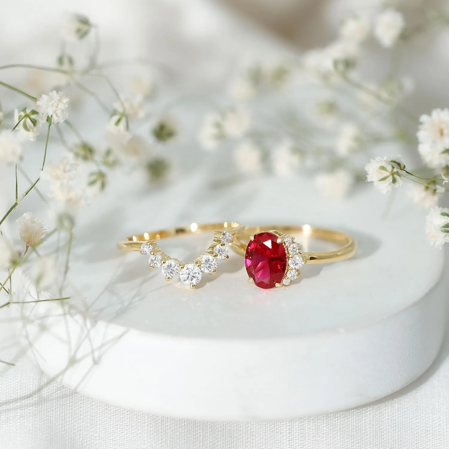 Certified Lab Grown Ruby Bridal Ring Set, Aaaa Quality, 6X8 mm Ruby Engagement Ring with Diamond Enhancer - Ideal For Gift