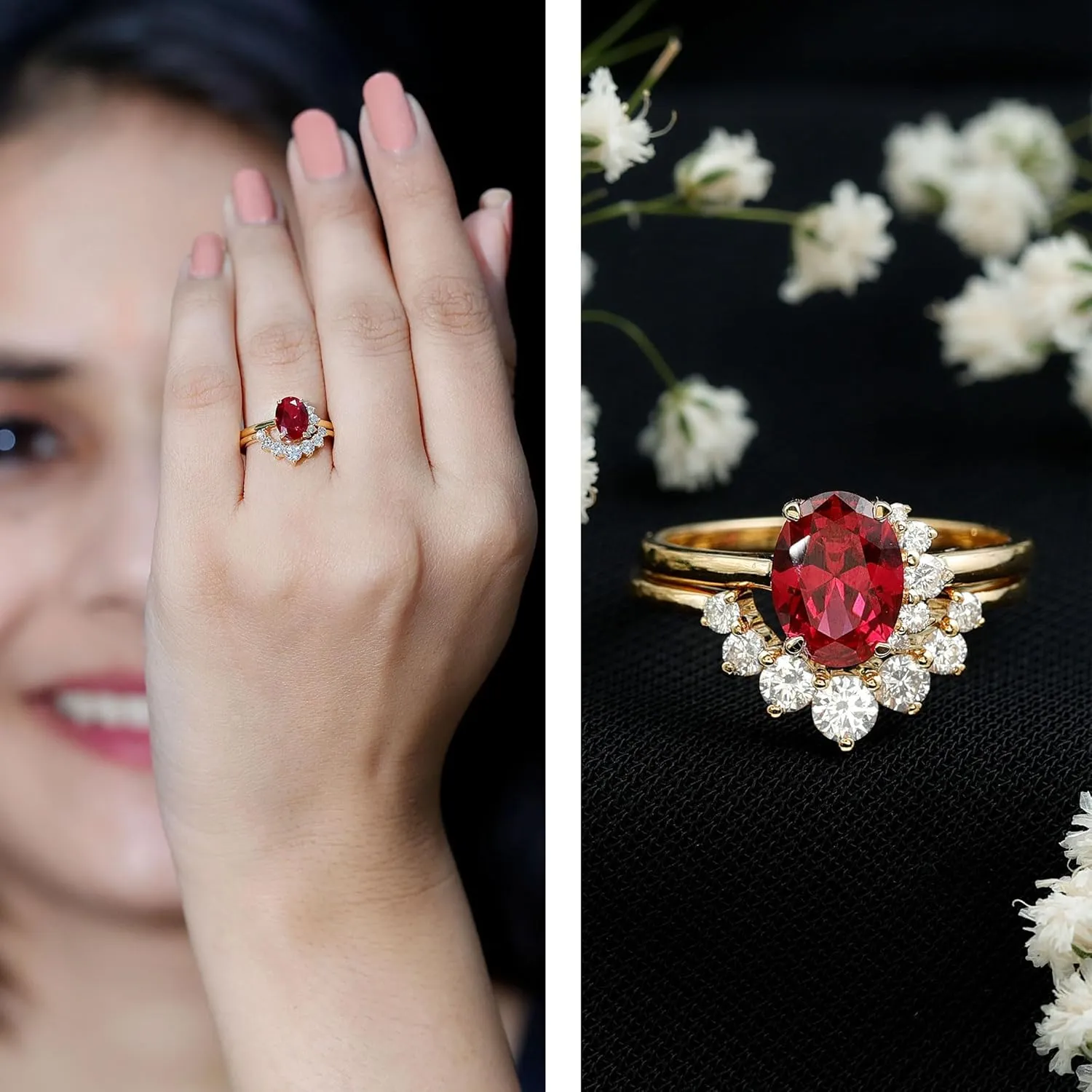 Certified Lab Grown Ruby Bridal Ring Set, Aaaa Quality, 6X8 mm Ruby Engagement Ring with Diamond Enhancer - Ideal For Gift