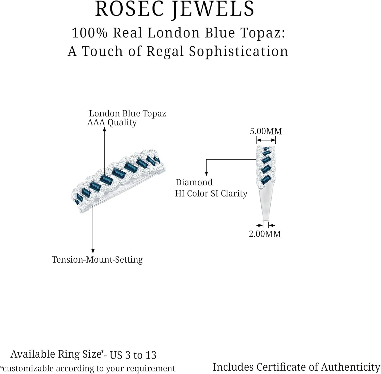 Certified London Blue Topaz Half Eternity Band, AAA Quality, Real Topaz Diamond Wedding Band for Women - Ready To Gift