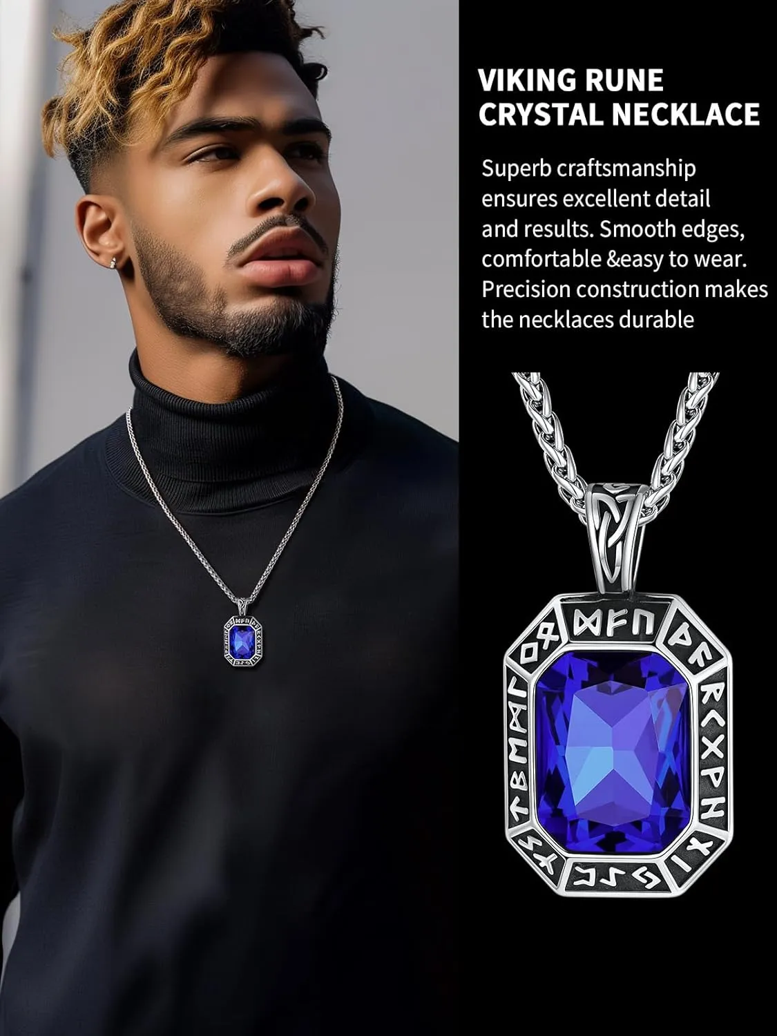ChainsHouse Viking Rune Pendant Necklace for Men Women, Punk Biker Black Metal/316L Stainless Steel Onyx Norse Vintage Amulet Necklaces with Black/Red/Green/Blue Gemstone, Send Gift Box