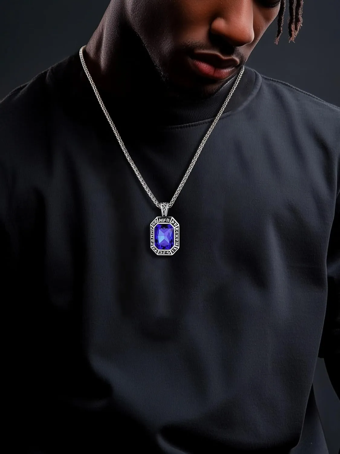 ChainsHouse Viking Rune Pendant Necklace for Men Women, Punk Biker Black Metal/316L Stainless Steel Onyx Norse Vintage Amulet Necklaces with Black/Red/Green/Blue Gemstone, Send Gift Box