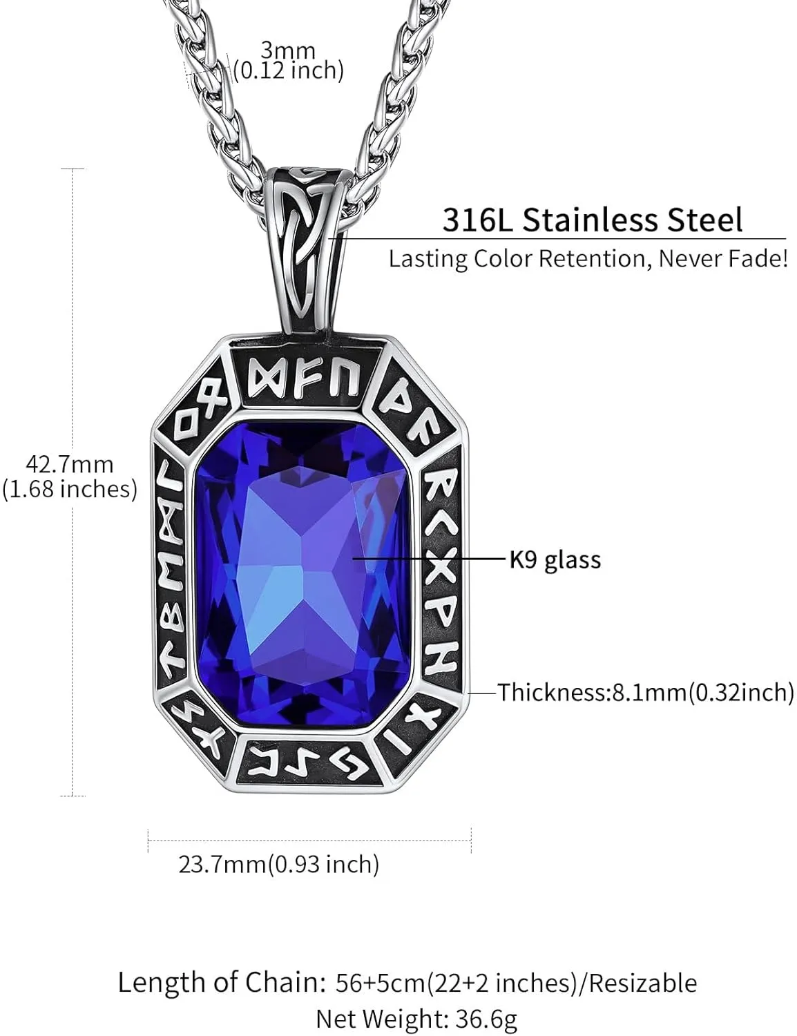 ChainsHouse Viking Rune Pendant Necklace for Men Women, Punk Biker Black Metal/316L Stainless Steel Onyx Norse Vintage Amulet Necklaces with Black/Red/Green/Blue Gemstone, Send Gift Box