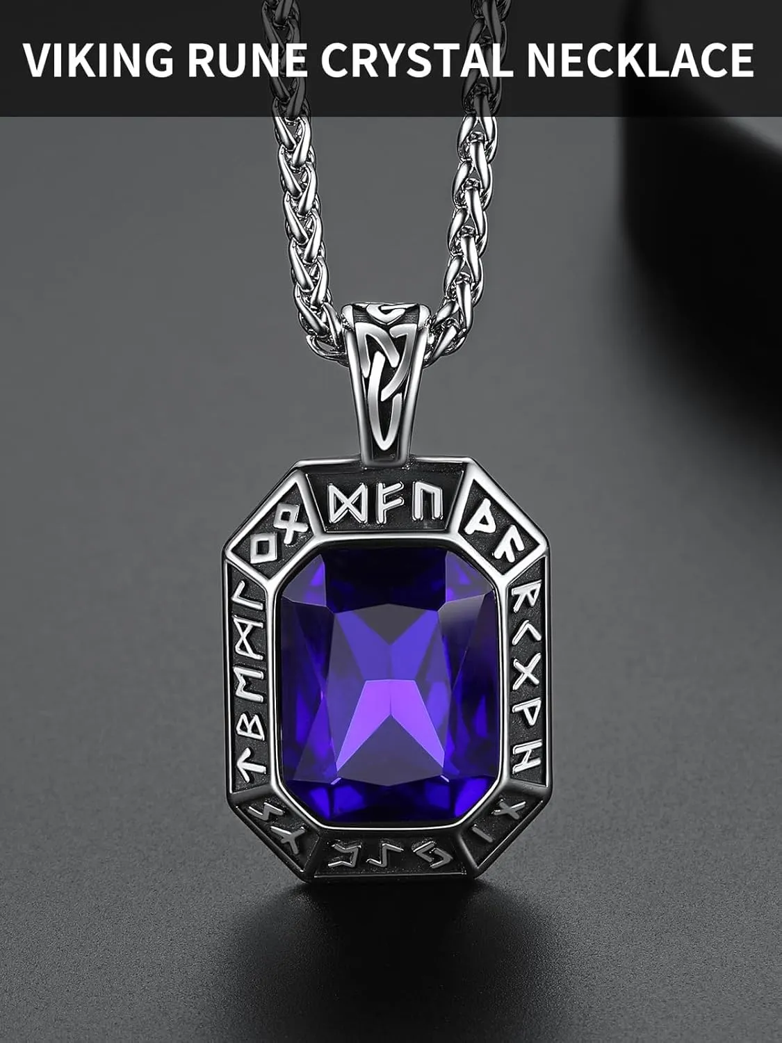ChainsHouse Viking Rune Pendant Necklace for Men Women, Punk Biker Black Metal/316L Stainless Steel Onyx Norse Vintage Amulet Necklaces with Black/Red/Green/Blue Gemstone, Send Gift Box