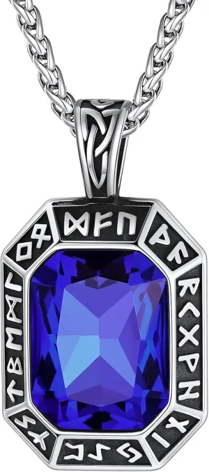 ChainsHouse Viking Rune Pendant Necklace for Men Women, Punk Biker Black Metal/316L Stainless Steel Onyx Norse Vintage Amulet Necklaces with Black/Red/Green/Blue Gemstone, Send Gift Box