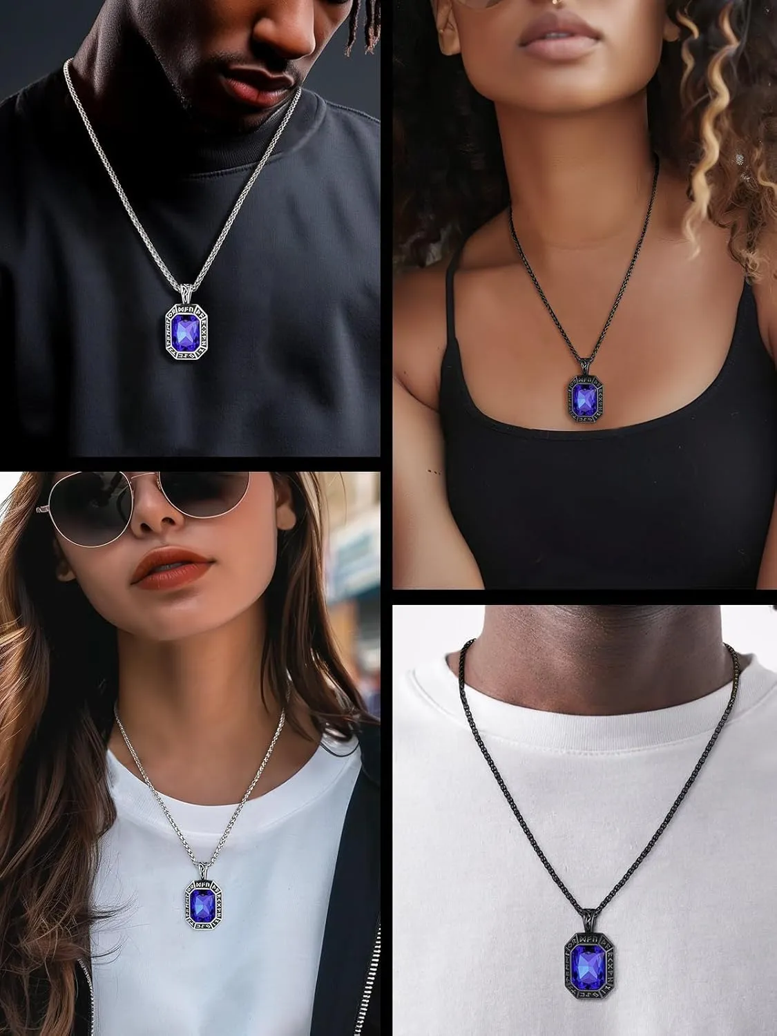 ChainsHouse Viking Rune Pendant Necklace for Men Women, Punk Biker Black Metal/316L Stainless Steel Onyx Norse Vintage Amulet Necklaces with Black/Red/Green/Blue Gemstone, Send Gift Box