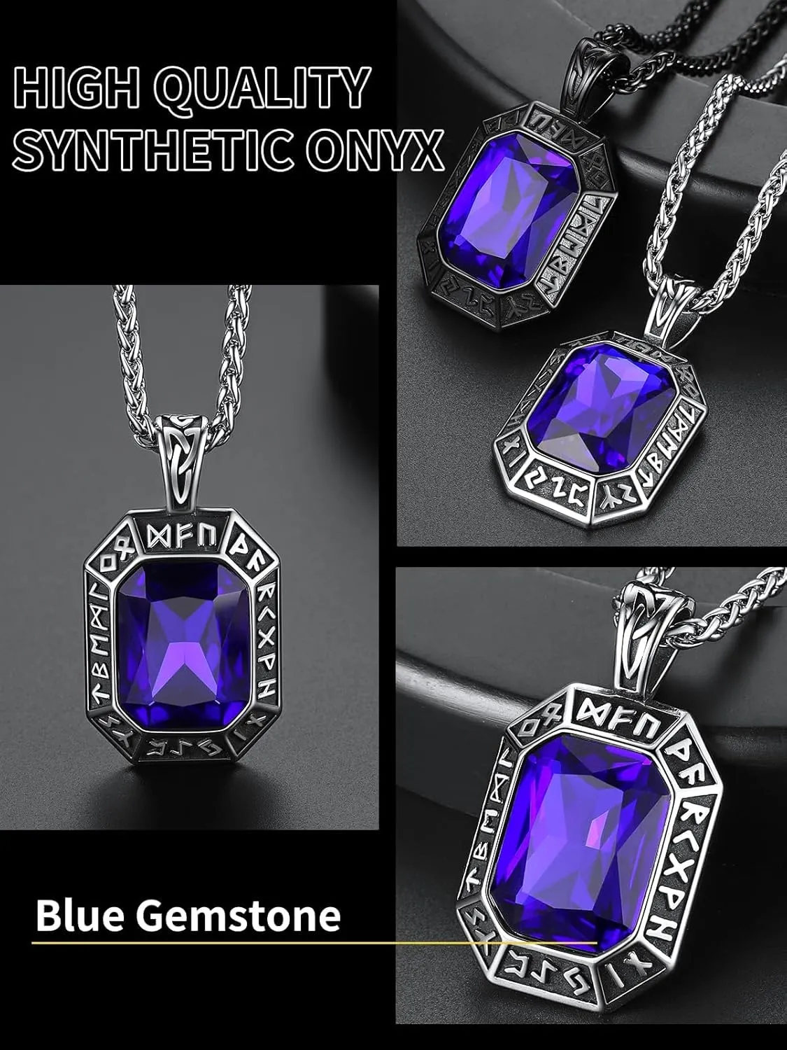 ChainsHouse Viking Rune Pendant Necklace for Men Women, Punk Biker Black Metal/316L Stainless Steel Onyx Norse Vintage Amulet Necklaces with Black/Red/Green/Blue Gemstone, Send Gift Box
