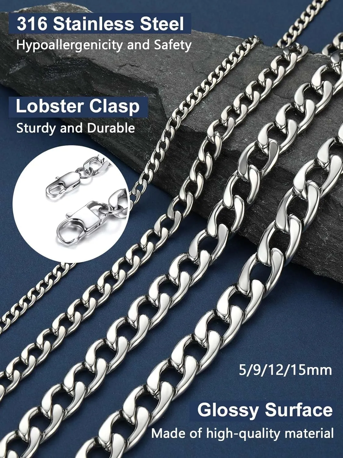ChainsPro Mens Sturdy Cuban Chain Necklace, 4/5/6/9/12/13/15 MM Width, 14" 18" 20" 22" 24" 26" 28" 30" Length, Hip-Hop Cool Style, 316L Stainless Steel/18K Gold Plated/Black-With Gift Box